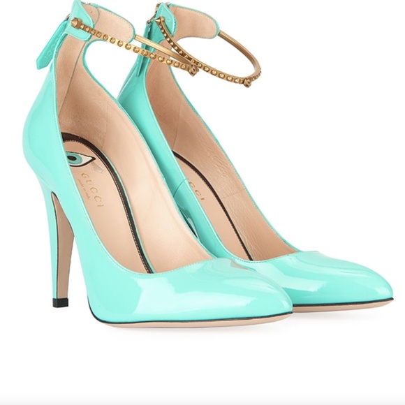 Gucci Teal Tiffany Blue Patent Gold Ankle Band Pumps - Picture 1 of 11